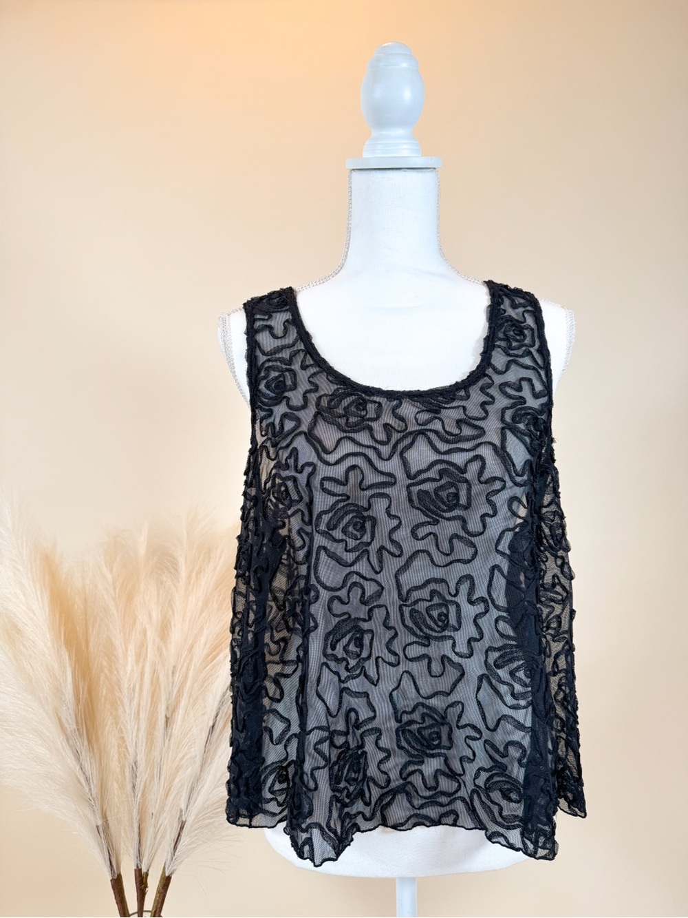 Free People Black Sheer Floral Applique Tank Top